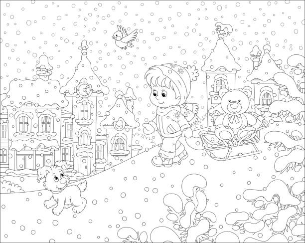 그녀의 썰매와 메리 강아지와 소녀 - playground snow winter little girls stock illustrations