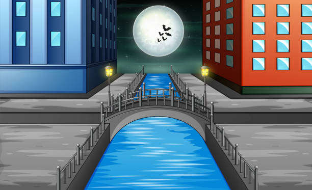 illustrazioni stock, clip art, cartoni animati e icone di tendenza di notte di halloween paesaggio urbano spaventoso con sfondo lunare - bridge stone bridge vector arch bridge