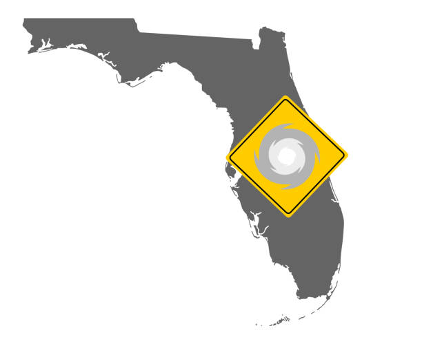 플로리다의지도 및 교통 표지판 허리케인 경고 - hurricane florida stock illustrations