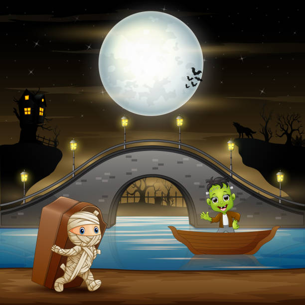 illustrazioni stock, clip art, cartoni animati e icone di tendenza di frankenstein e mummia sullo sfondo della notte di halloween - bridge stone bridge vector arch bridge