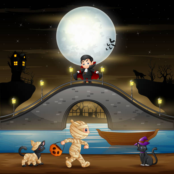 Halloween night background with vampire, mummy and cats Halloween night background with vampire, mummy and cats black cat costume stock illustrations