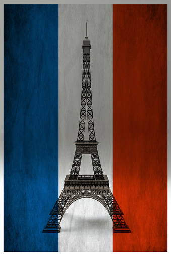 Tour Eiffel isolated behind the French flag 3d illustration