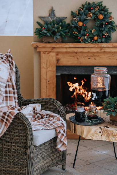 Cozy Christmas veranda with mulled wine outdoors stock photo