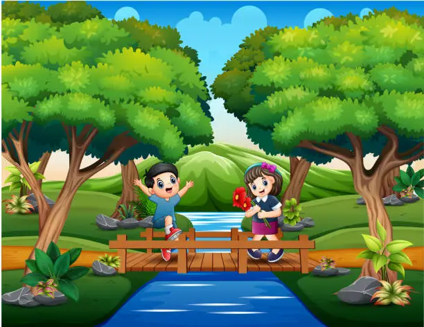 Vector illustration of A young girl and a young boy at the wooden bridge