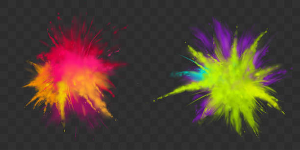 Powder Holi paints set isolated, dye for festival Powder Holi paints set isolated on transparent background colorful clouds or explosions, ink splashes, decorative vibrant dye for festival, traditional indian holiday. Realistic 3d vector illustration holi stock illustrations