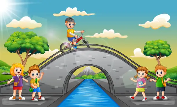 Vector illustration of Happy children playing in the bridge