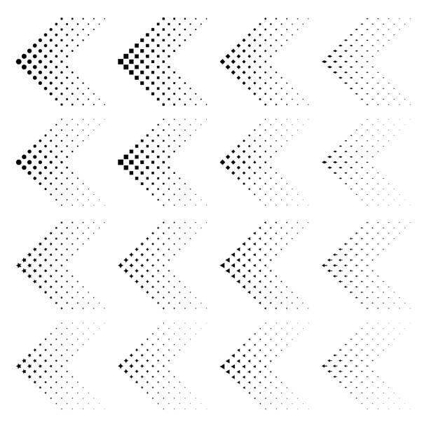 satz von pfeilen mit halbton-effekt. vektor-illustration eps10. schwarze pfeile auflistung isoliert auf weiß. kreis, quadrat, stern, pfeil, rhomb, dreieck in form wie pfeil. - ganz oben stock-grafiken, -clipart, -cartoons und -symbole