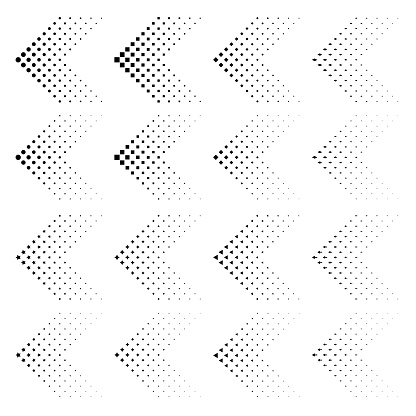 Set of arrows with halftone effect. Vector illustration EPS10. Black arrows collection isolated on white. Circle, square, star, arrow, rhomb, triangle in shape like arrow.