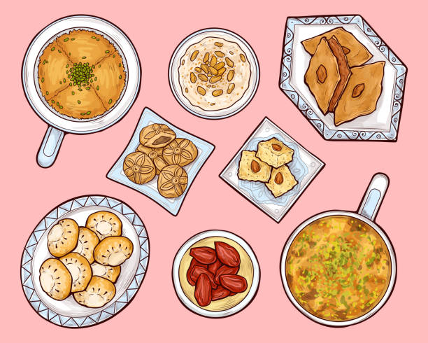 Arab sweets top view. Arabian ramadan cuisinefood Arab sweets top view. Arabian ramadan food kunafa, maamul, rice pudding. Oriental cuisine pastry on porcelain plates with traditional ethnic ornaments, eastern culinary Cartoon vector illustration baklava stock illustrations