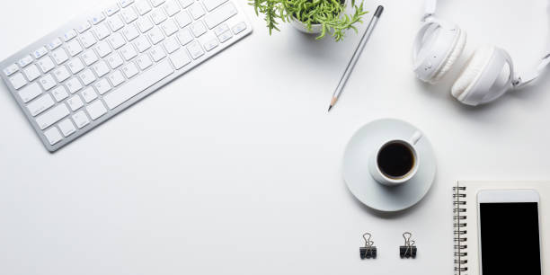 istock Office desk table with supplies. Flat lay Business workplace and objects. Top view. Copy space for text 1178513802
