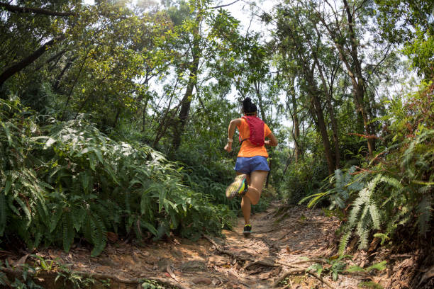 istock Woman ultra marathon runner running on tropical forest trail 1178514582
