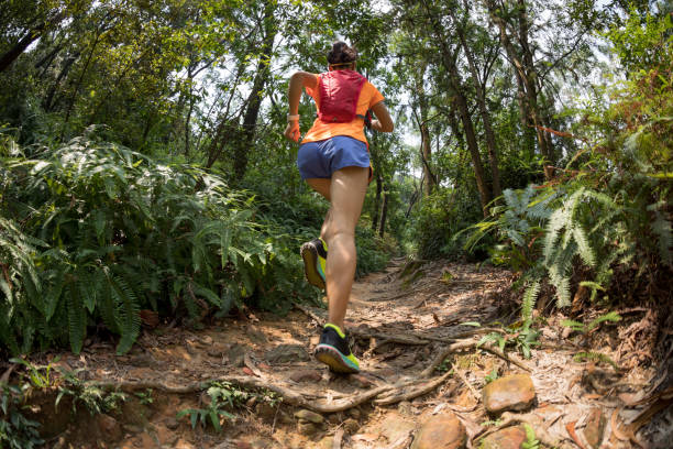 istock Woman ultra marathon runner running on tropical forest trail 1178514780