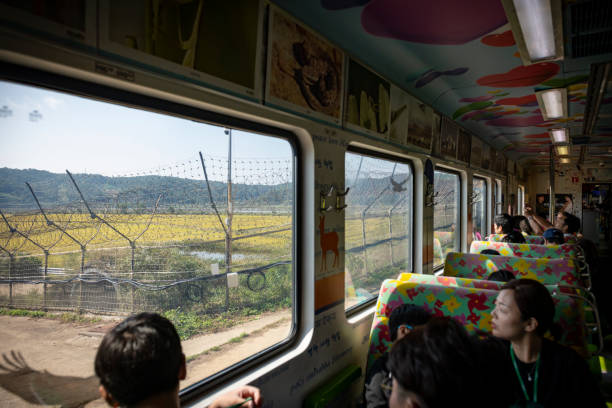 The DMZ Peace Train, which leaves Seoul for the DMZ five times each week, enters the heavily fortified DMZ bound for Dorasan Station. (September 29, 2019)