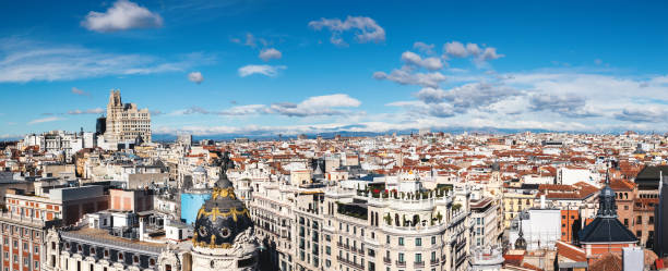 Madrid Panorama Panoramic view on center of Madrid (Calle Gran Via, Calle de Alcala, Edificio Metropolis, Palacio Telefonica). madrid city view stock pictures, royalty-free photos & images