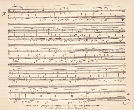 The beginning of number 15 from the piano cycle of 24 Preludes Op. 28 (1836 - 1839) by the French-Polish pianist and composer Frédéric Chopin (1810 - 1849). Facsimile, published in 1885.