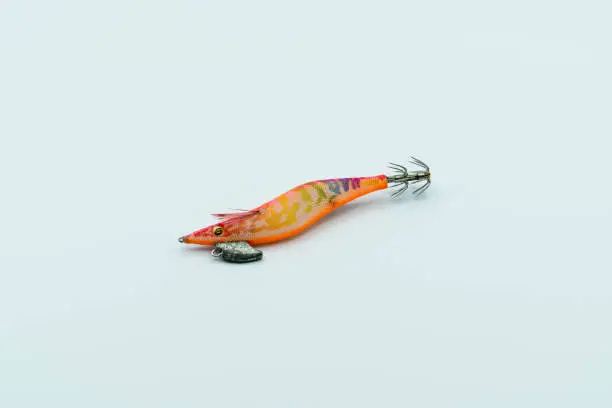 Photo of squid fishing lure on white background