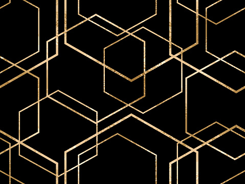 Vector seamless geometric sparkle pattern with gold foil polygons. Metallic golden hexagon abstract texture on black background