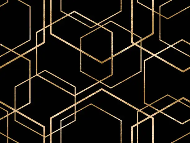 Vector illustration of Seamless geometric gold foil polygons pattern. Metallic golden hexagon abstract background