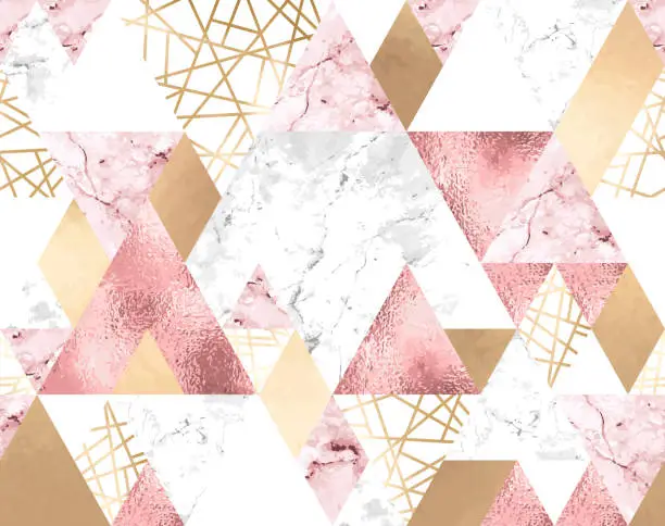 Vector illustration of Seamless geometric pattern with metallic lines, rose gold, gray and pink marble triangles