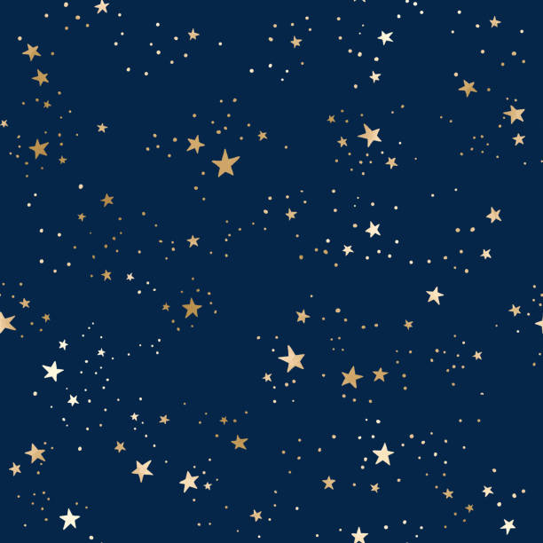 ilustraciones, imágenes clip art, dibujos animados e iconos de stock de patrón de espacio azul sin costuras con constelaciones y estrellas de oro - stars