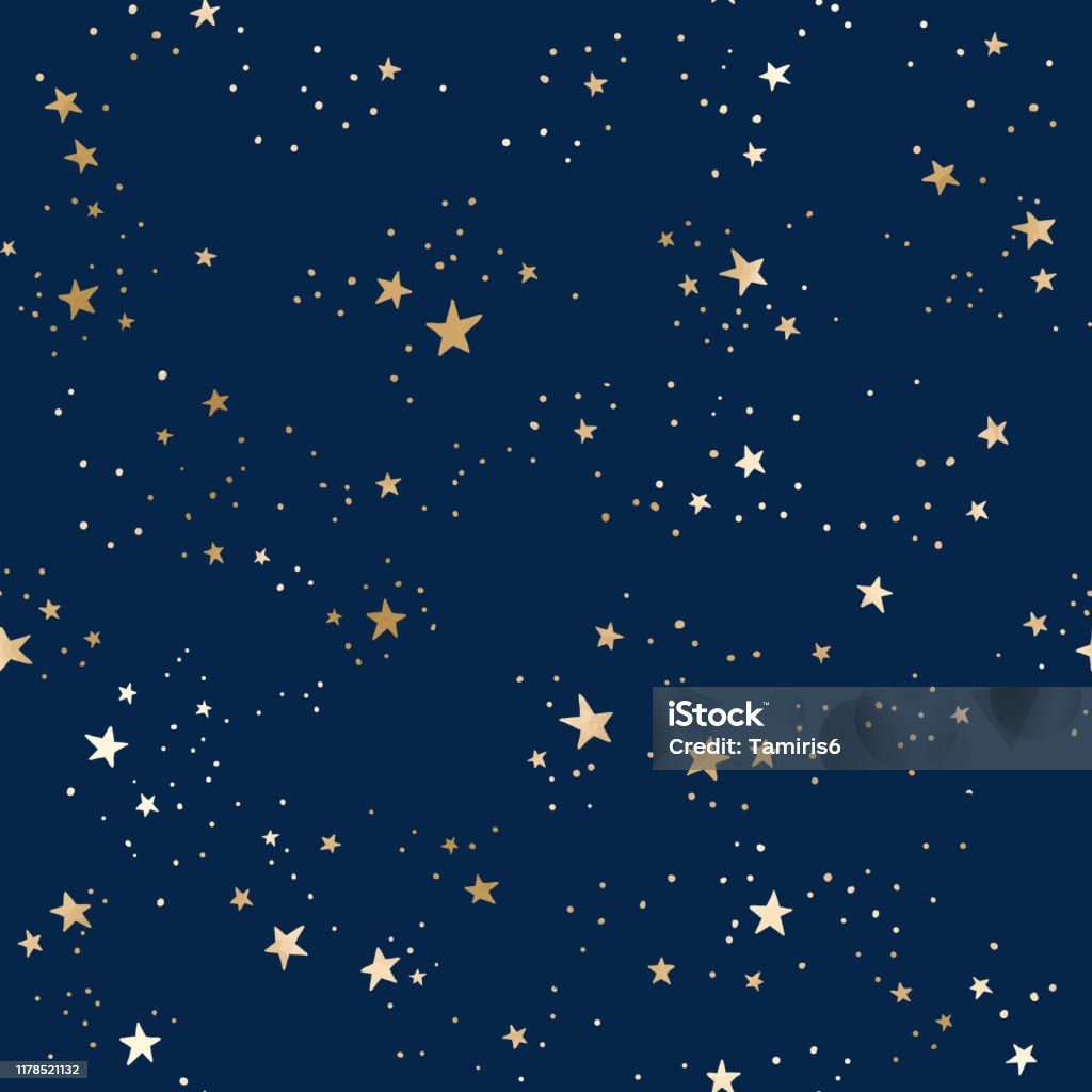 Бесшовный синий космический узор с золотыми созвездиями и звездами - Векторная графика Звезда роялти-фри