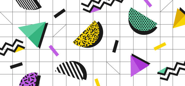 Background in the style of the 80s with multicolored geometric shapes on the white background Illustration for hipsters retro style constructivism stock illustrations