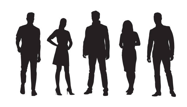 ilustrações de stock, clip art, desenhos animados e ícones de business people, group of standing businessmen and businesswomen. set of isolated vector silhouettes - silhueta