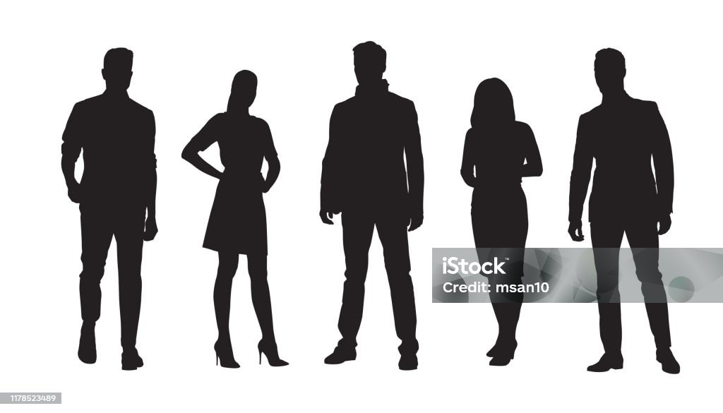 Business people, group of standing businessmen and businesswomen. Set of isolated vector silhouettes In Silhouette stock vector