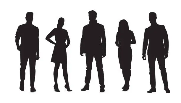 Vector illustration of Business people, group of standing businessmen and businesswomen. Set of isolated vector silhouettes
