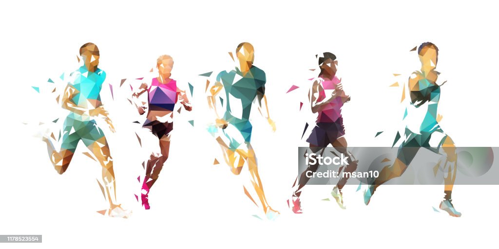 Běh, skupina běžících lidí, nízká poly vektorová ilustrace. Geometrické běžce - Bez autorských poplatků Sportovní vektorové obrázky Běh, skupina běžících lidí, nízká poly vektorová ilustrace. Geometrické běžce - Bez autorských poplatků Sportovní vektorové obrázky