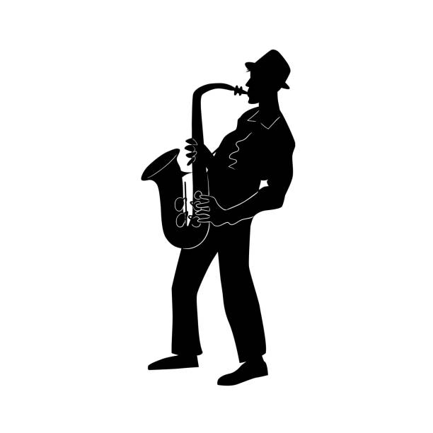 saxophonist. jazz- oder bluesmusiker, der mann spielt saxophon.  schwarz und weiß isolierte silhouette mit kontur. vektor-illustration. - saxophonist stock-grafiken, -clipart, -cartoons und -symbole