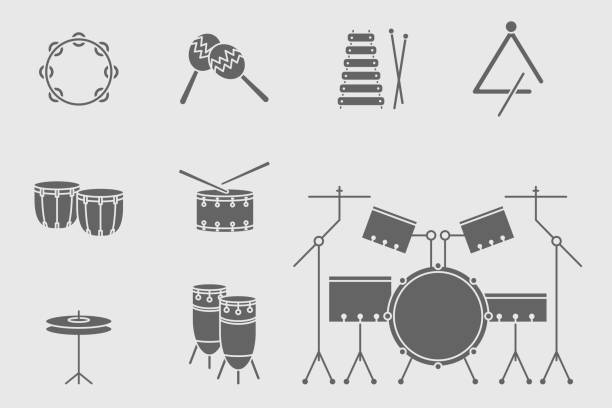 musikinstrumente icons set 20 - cymbal drumstick music percussion instrument stock-grafiken, -clipart, -cartoons und -symbole