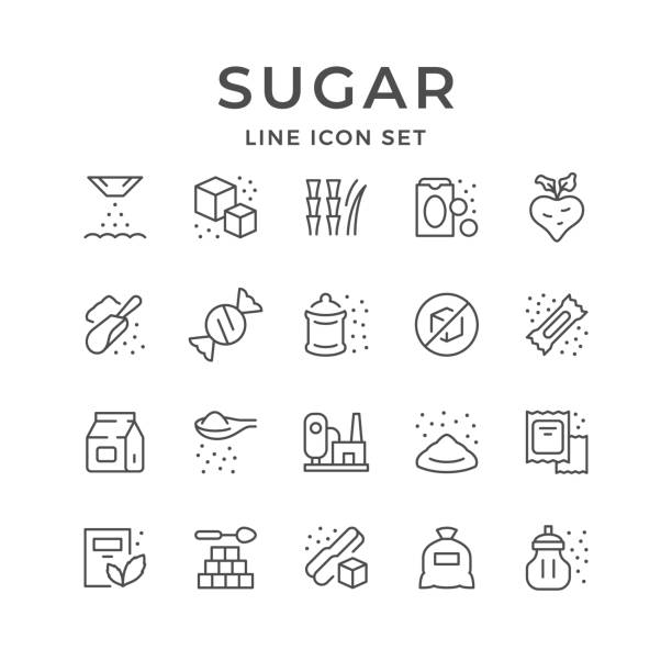 Set line icons of sugar Set line icons of sugar isolated on white. Sweetener, stick, raw material, processing plant, candy. Vector illustration serving scoop stock illustrations