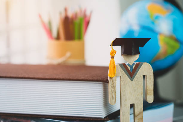 education learning concept, university knowledge achievement for study abroad international, alternative studying idea. Models graduation celebration pencils box background, Back to School.
