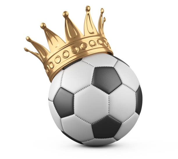 Soccer ball with golden crown. Victory concept. 3d illustration isolated on grey background.