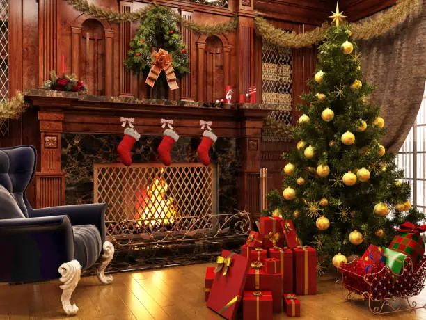 Photo of Christmas near a beautiful fireplace and a lot of gifts