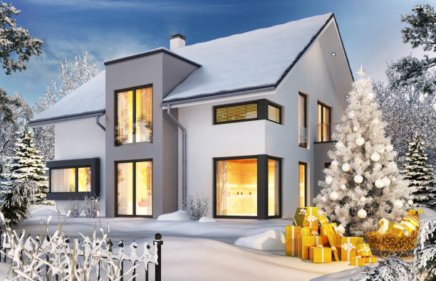 istock Beautiful snowy landscape with christmas tree and modern house 1178527318