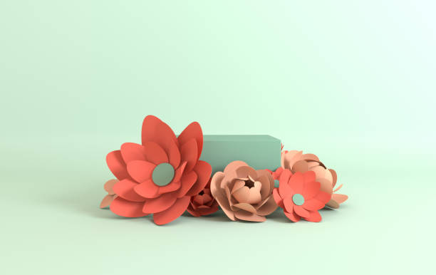 Paper flowers frame, podium platform for product presentation. Summer or spring background. Paper cut 3d render mock up in pastel colors