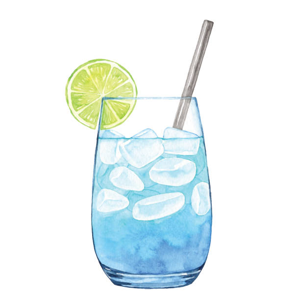 illustrazioni stock, clip art, cartoni animati e icone di tendenza di cocktail blu acquerello - water with glass cocktail