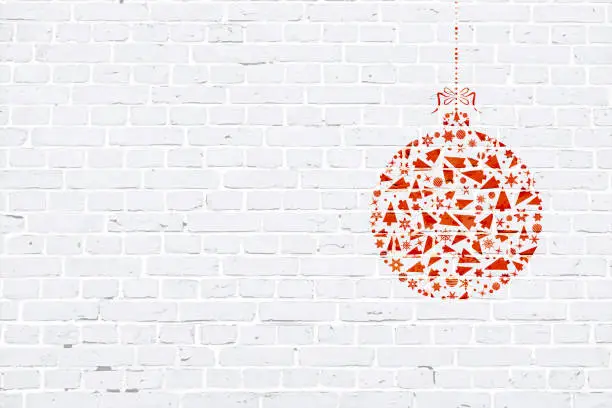 Vector illustration of Modern white color brick pattern wall texture grunge background Xmas vector illustration with a red Christmas bauble graffiti graffitied on wall