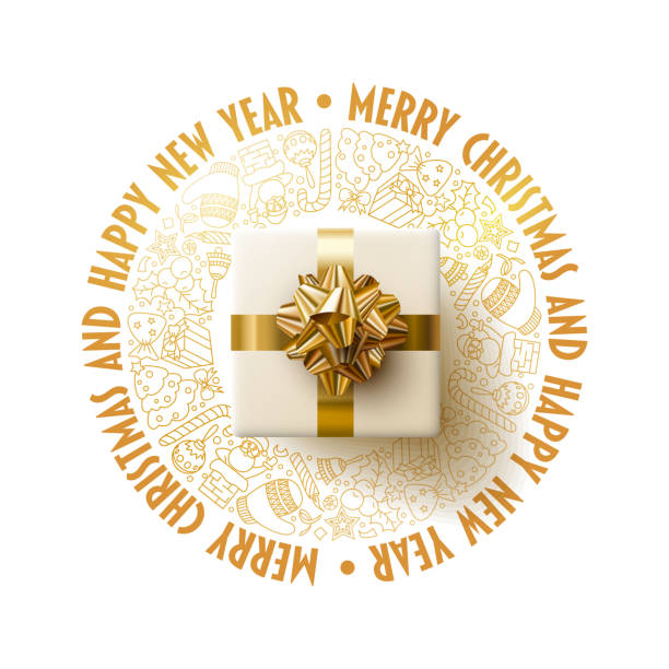 화이트 기프트 박스 메리 크리스마스와 새해 인사말 카드 디자인입니다. - white background shiny holly winter stock illustrations