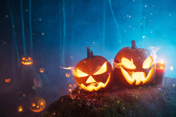 istock Spooky halloween pumpkins in forest 1178533313