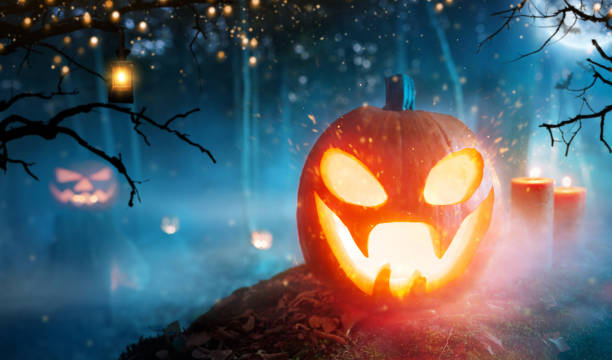 istock Spooky halloween pumpkins in forest 1178533334