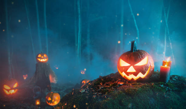 istock Spooky halloween pumpkins in forest 1178533386