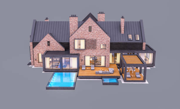 istock 3d rendering of modern clinker house on the ponds with pool in evening isolated on gray 1178534823