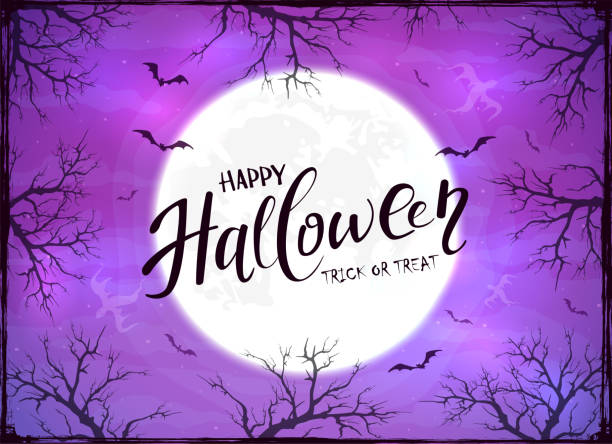 Happy Halloween and Ghosts on Purple Background Abstract purple background with lettering Happy Halloween, moon, scary trees, ghosts and flying bats. Illustration can be used for children's holiday or clothing design, cards, invitations and banners halloween moon stock illustrations