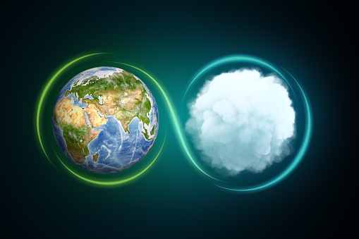 3d rendering of the Earth next to a white round fluffy cloud with a light line traced around them forming an infinity sign. Sustainability awareness. Global thinking. Nature conservation.\nhttp://eoimages.gsfc.nasa.gov/images/imagerecords/73000/73726/world.topo.bathy.200406.3x5400x2700.jpg