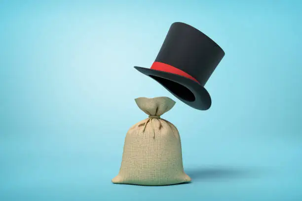 3d rendering of light-brown canvas money sack and big black tophat floating in air above it on light blue background. Rich person. Captain of industry. Money gains respect.