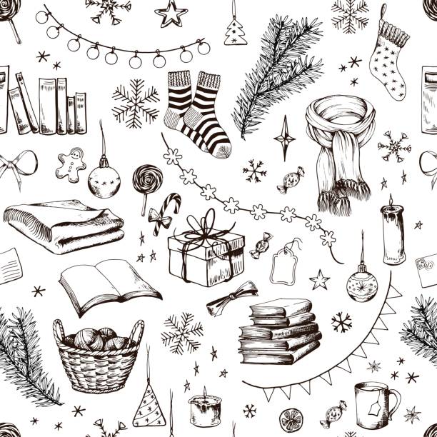 Seamless pattern with Christmas home elements. Seamless pattern with Christmas home elements. Hand drawn vector illustration on white background. snowflake shape illustrations stock illustrations