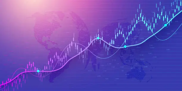 Vector illustration of Stock market or forex trading graph in graphic concept for financial investment or economic trends business idea design. Worldwide finance background. Vector illustration.